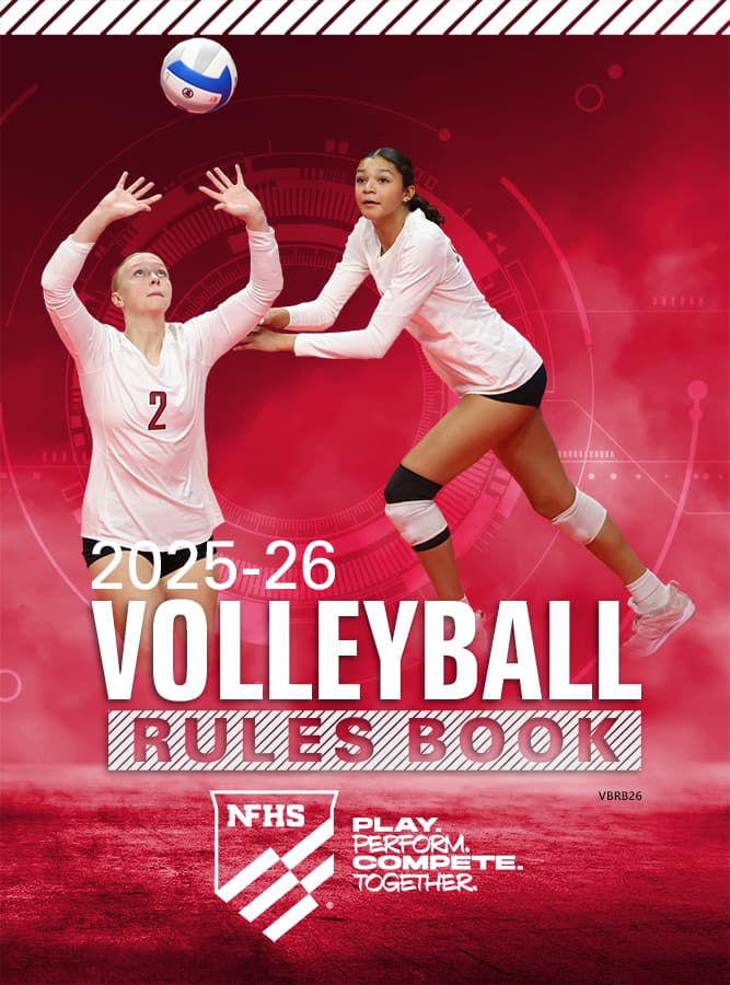 Two volleyball players in white jerseys on a red background, with "2025-26 Volleyball Rules Book" text and NFHS logo at the bottom.